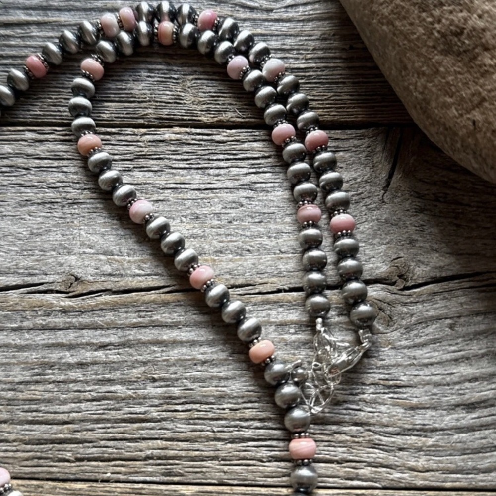 Southwestern Sterling Silver Pink Conch 6mm Pearls Bead Necklace 22 Inch - Picture 8 of 12
